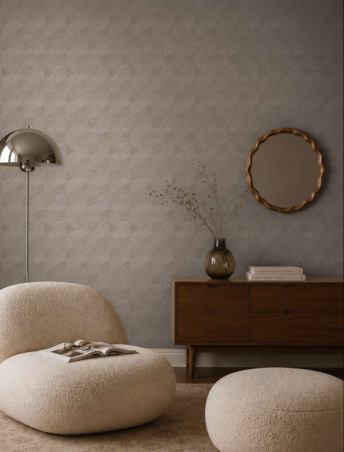 AS Creation Cosiness 793194 living room with Grey, Metallic geometric wallpaper behind a wooden sideboard and a dome floor lamp.