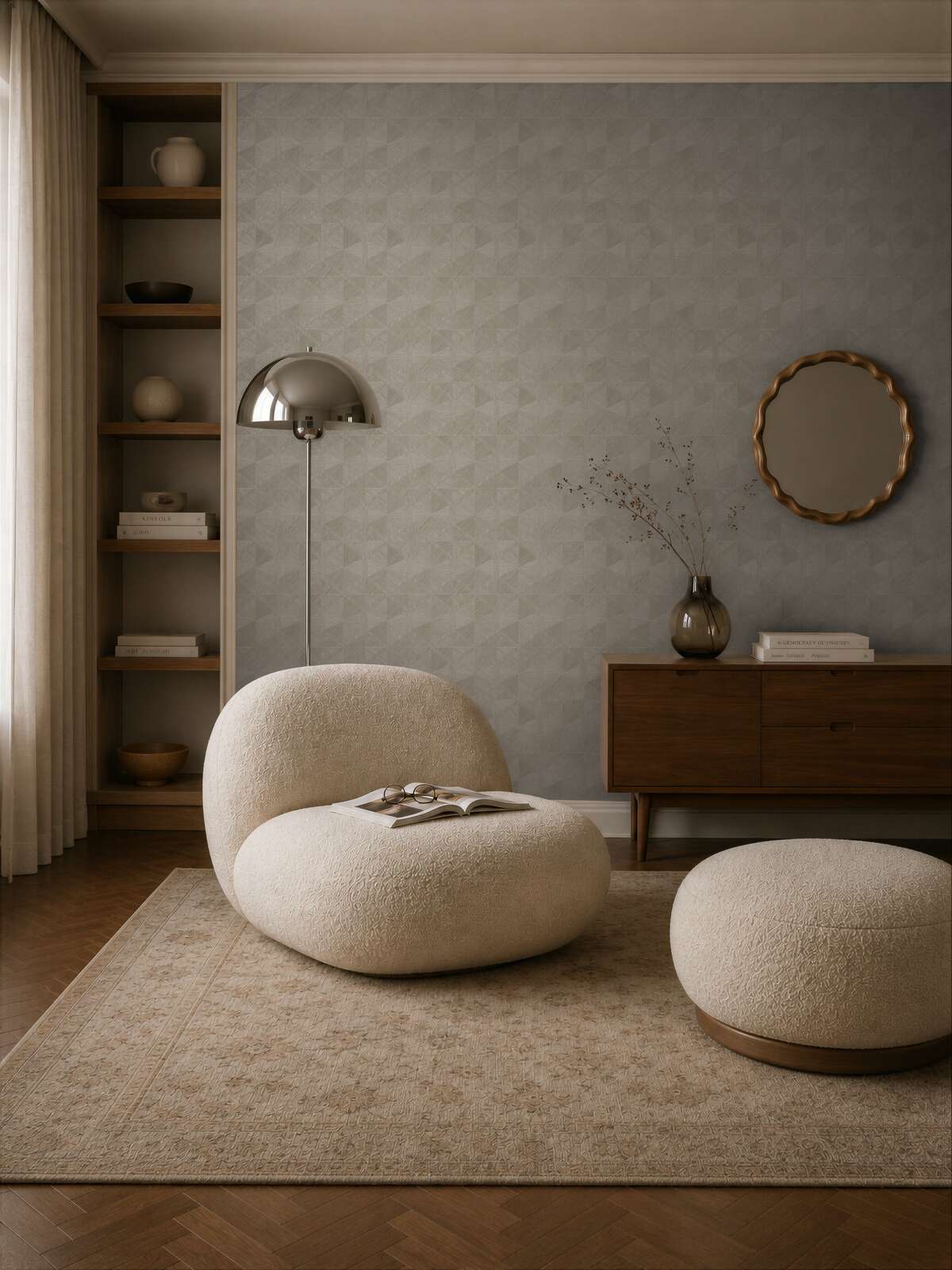 AS Creation Cosiness 793194 a living room with Grey, Metallic wallpaper behind a lounge chair and floor lamp.