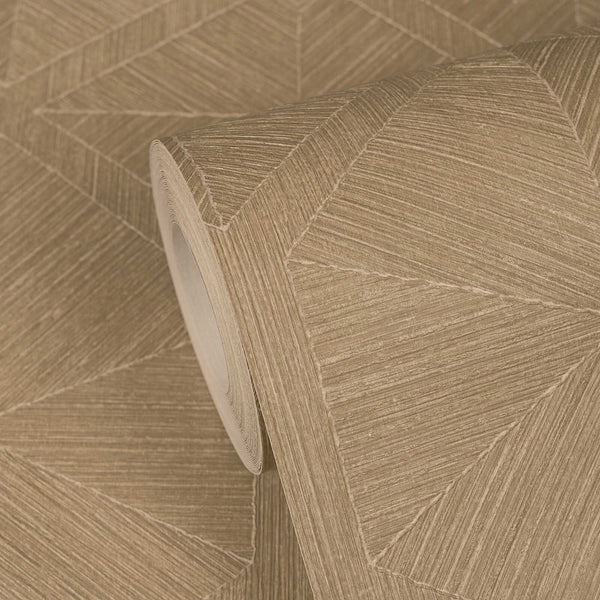 AS Creation Cosiness 793195 beige, Brown geometric wallpaper roll on a matching unrolled sheet, showing large triangular and chevron forms with fine parallel linework.