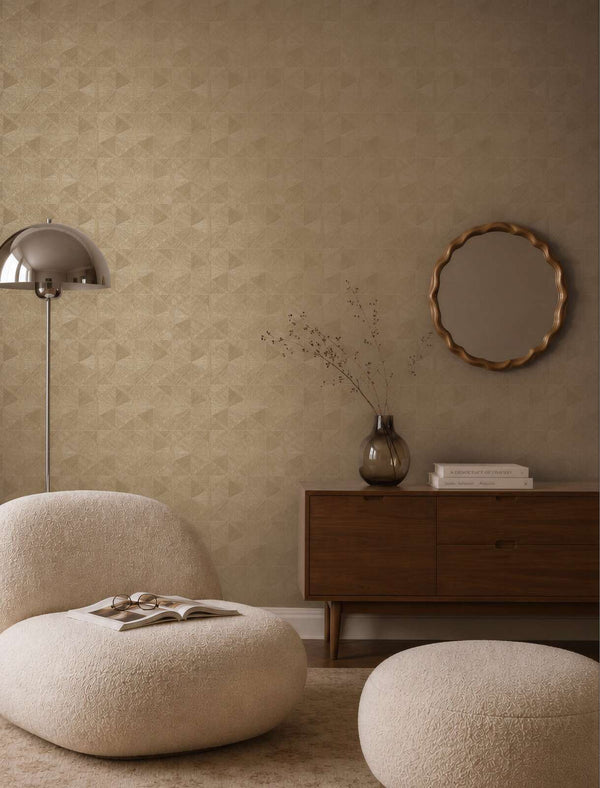 AS Creation Cosiness 793195 living room with Beige, Brown geometric wallpaper behind a wooden sideboard and a rounded lounge chair.
