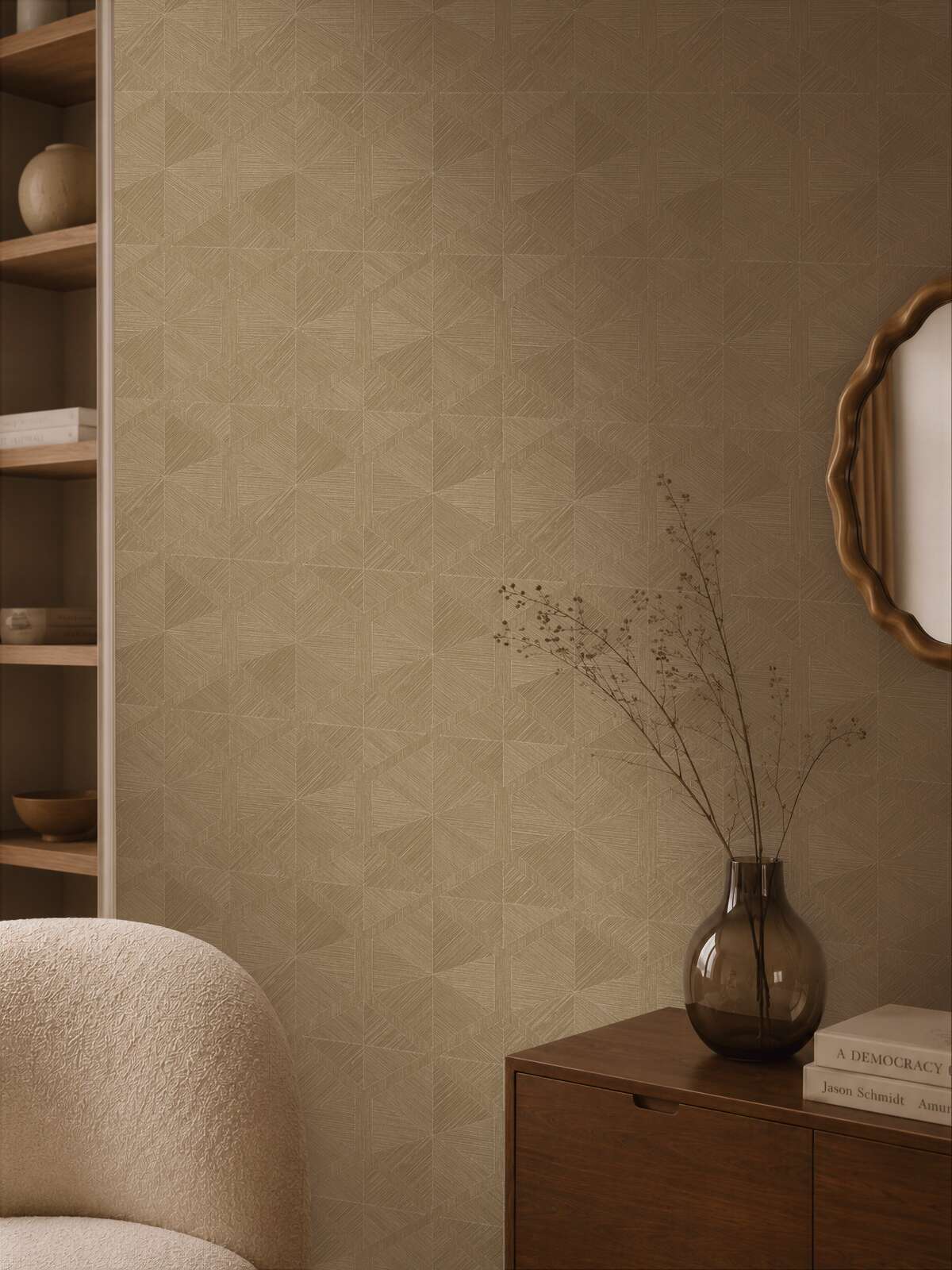 AS Creation Cosiness 793195 living room with Beige and Brown geometric wallpaper, shown with an upholstered chair and a wooden cabinet.