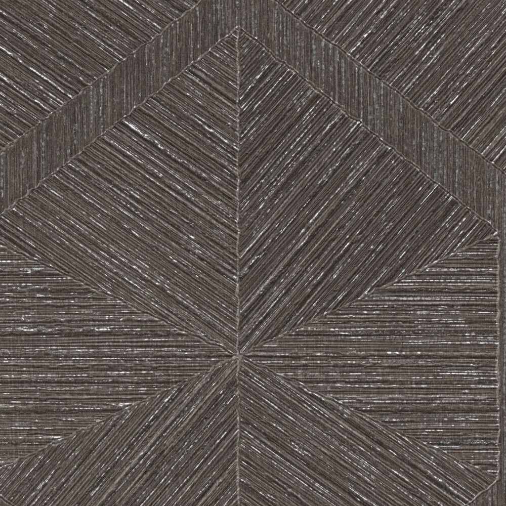 AS Creation Cosiness 793196 close up of wallpaper showing a geometric chevron and diamond pattern made of fine diagonal lines in Brown, Grey, Metallic.