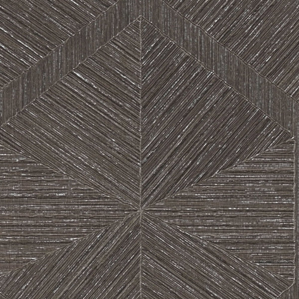 AS Creation Cosiness 793196 close up of wallpaper showing a geometric chevron and diamond pattern made of fine diagonal lines in Brown, Grey, Metallic.