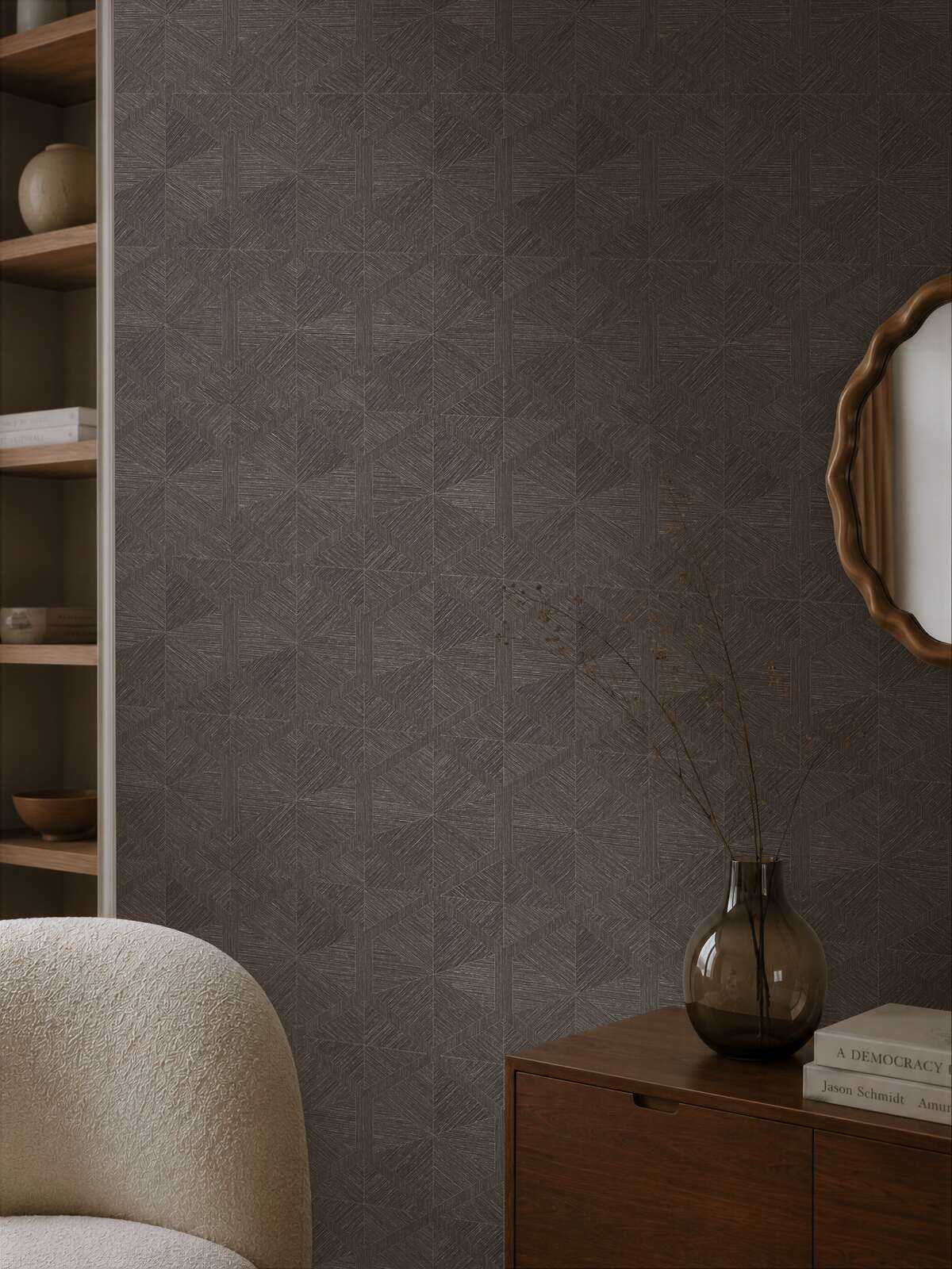AS Creation Cosiness 793196 living room featuring geometric Brown, Grey, Metallic wallpaper behind a curved armchair and a wooden sideboard.