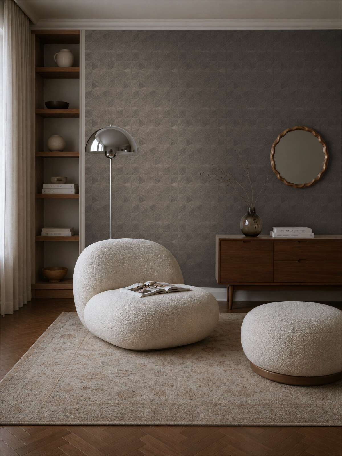 AS Creation Cosiness 793196 living room with Brown, Grey, Metallic geometric wallpaper behind a curved lounge chair and a wooden sideboard.