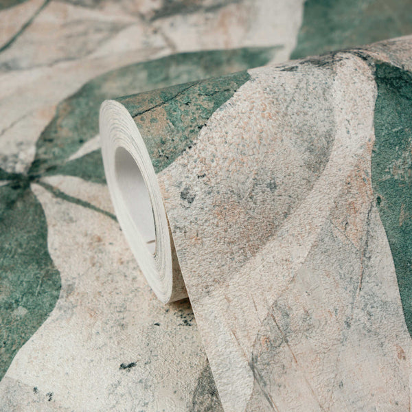 AS Creation Cosiness 793201 close up of a wallpaper roll showing an abstract organic motif with large sweeping shapes in Beige, roll showing its textured surface and finish.