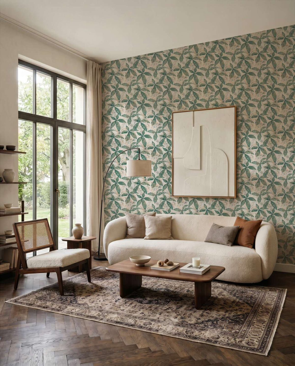 AS Creation Cosiness 793201 living room with Beige, Cream, and Green geometric leaf wallpaper behind a sofa and coffee table.