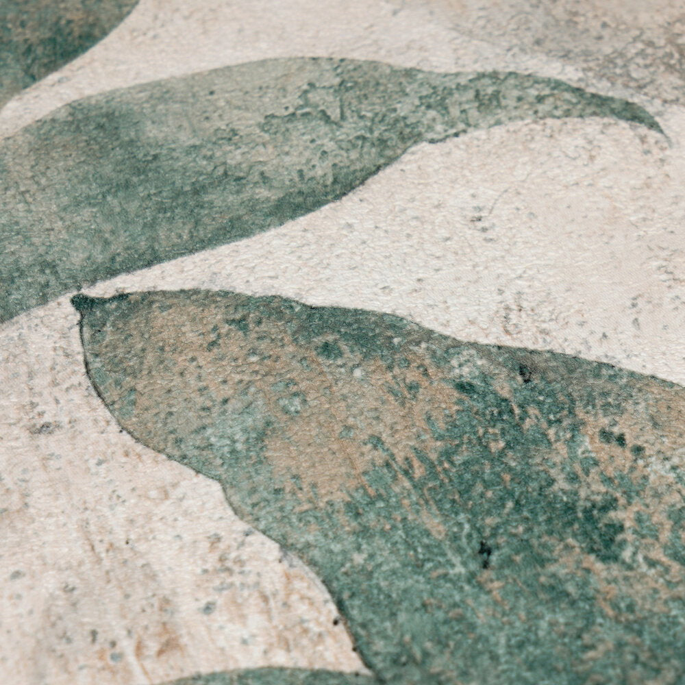 AS Creation Cosiness 793201 close up of wallpaper featuring Green leaves on a Beige and Cream background.