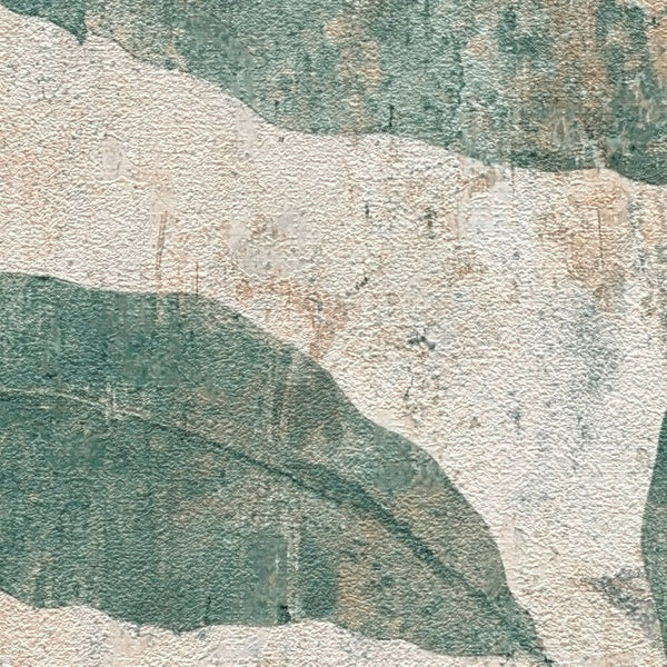 AS Creation Cosiness 793201 close up of wallpaper showing large green leaf shapes on a textured beige and cream background.