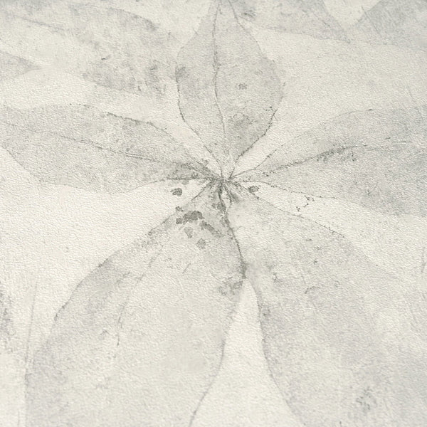 AS Creation Cosiness 793203 close up of grey wallpaper with a watercolor style leaf cluster motif and subtle surface texture.