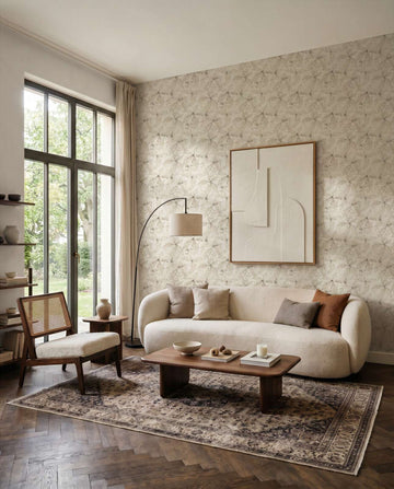 AS Creation Cosiness 793204 living room with Beige and Cream patterned wallpaper, a curved sofa and a wooden coffee table.