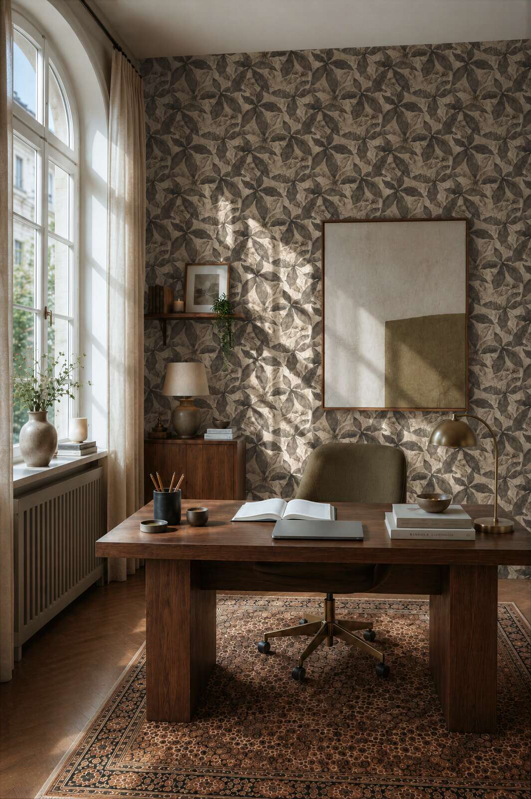 AS Creation Cosiness 793205 office with beige and brown geometric wallpaper, shown with a wooden desk and an upholstered chair.