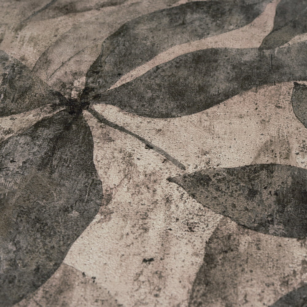 AS Creation Cosiness 793205 close up of wallpaper showing large painterly leaf shapes in Beige, Brown with a distressed look.