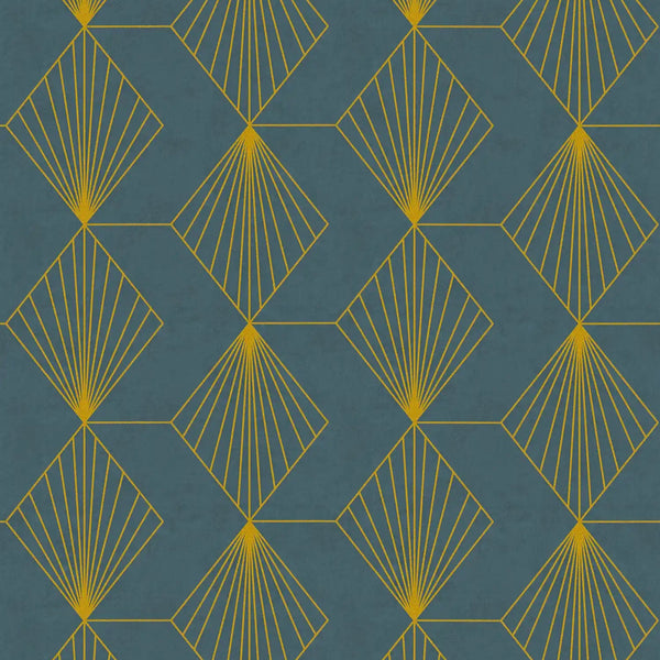 AS Creation French Affair 361561 blue wallpaper with metallic geometric diamond fan pattern on a matte, slightly structured surface.