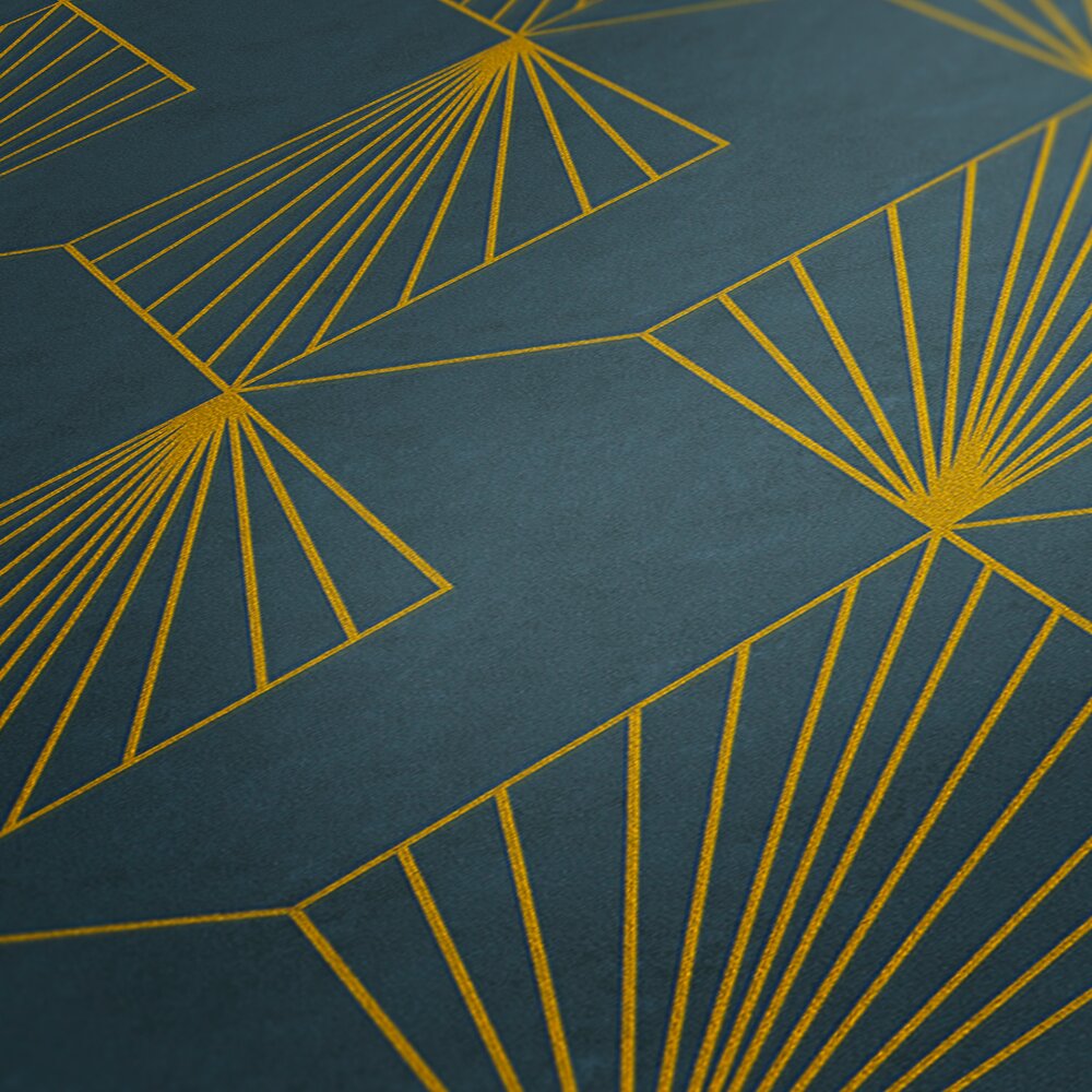 AS Creation French Affair 361561 close up of blue wallpaper with metallic geometric radiating lines.