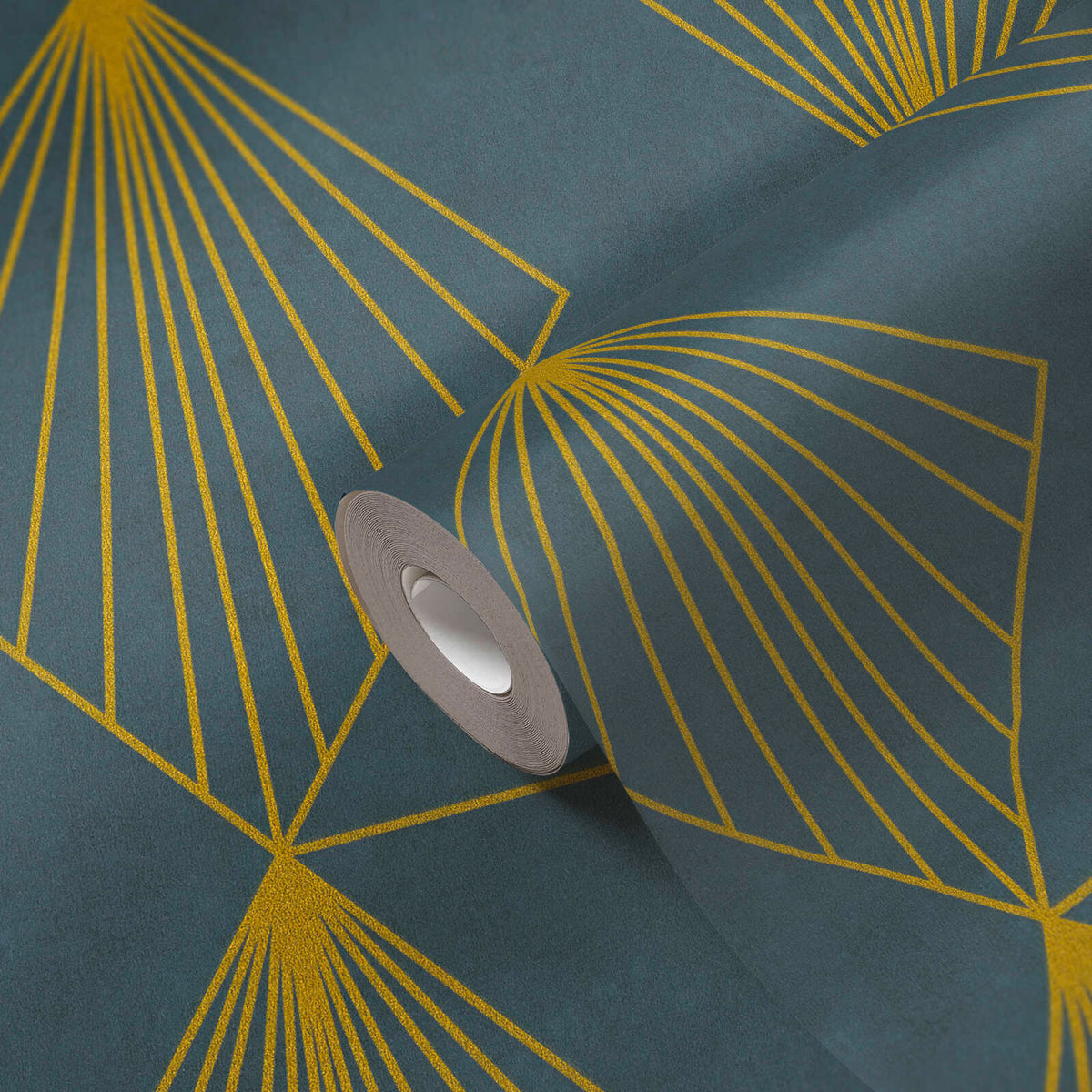 AS Creation French Affair 361561 close up of a wallpaper roll on blue with metallic geometric fan lines.
