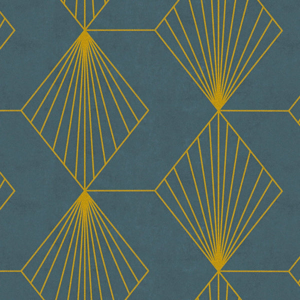 AS Creation French Affair 361561 close up of geometric fan and diamond line wallpaper pattern in Blue and Metallic.