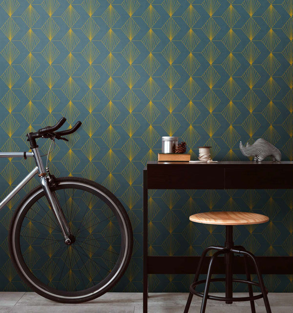 AS Creation French Affair 361561 office with Blue, Metallic geometric fan wallpaper behind a bicycle and a desk.