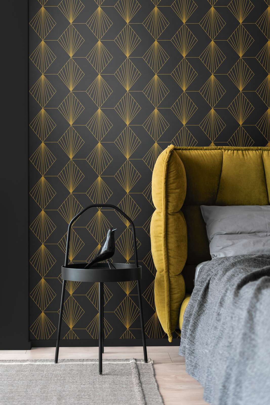 AS Creation French Affair 361562 black wallpaper with metallic geometric diamond fan lines, matte slightly structured nonwoven.