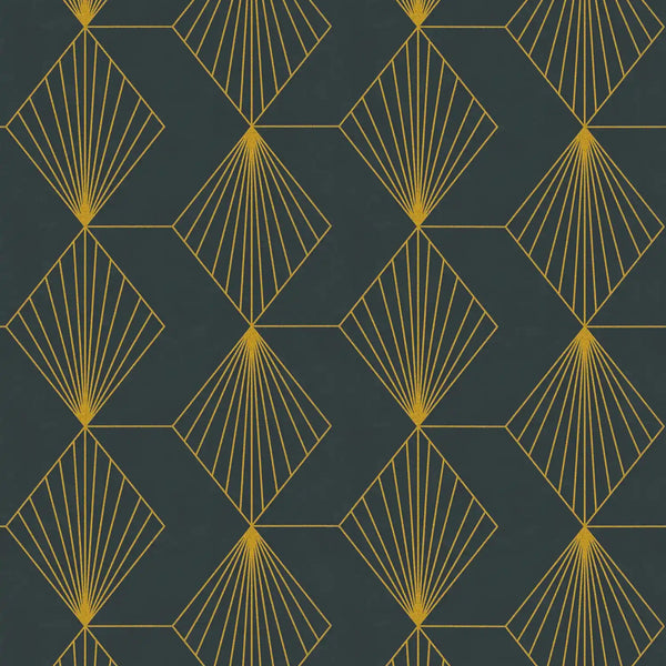 AS Creation French Affair 361562 black wallpaper with metallic geometric diamond fan lines, matte slightly structured nonwoven.
