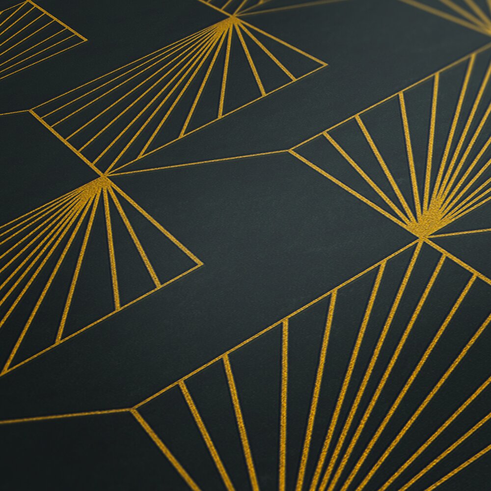 AS Creation French Affair 361562 close up of wallpaper showing a Metallic geometric fan pattern on a Black background.