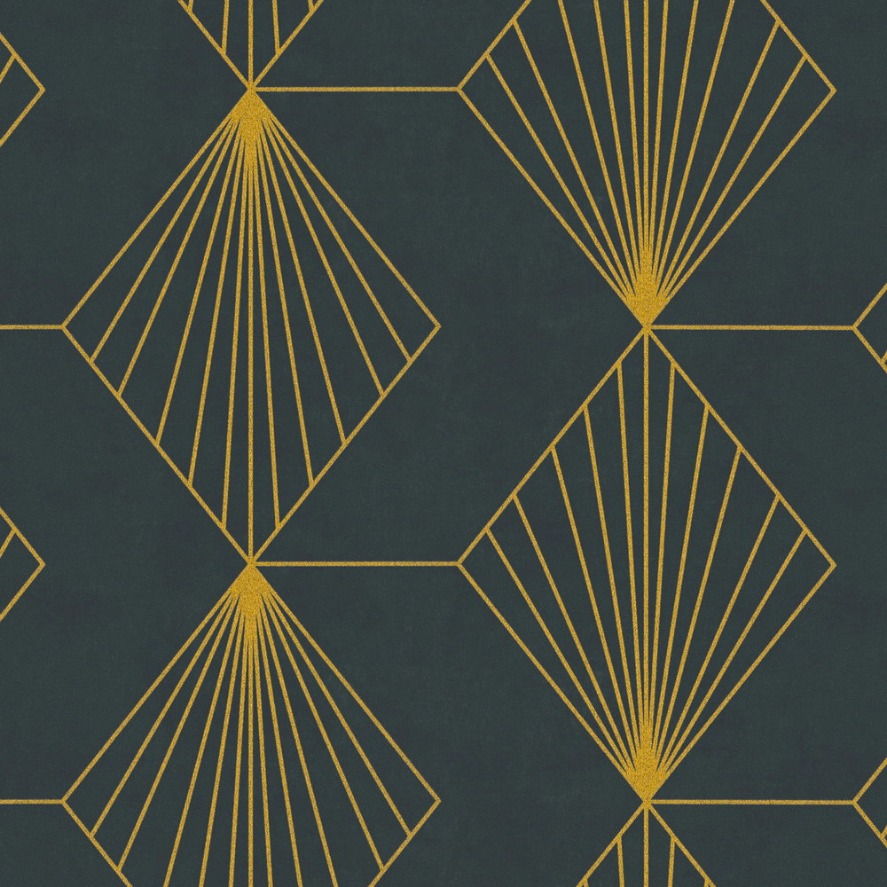 AS Creation French Affair 361562 close up of black wallpaper with metallic geometric fan line pattern.