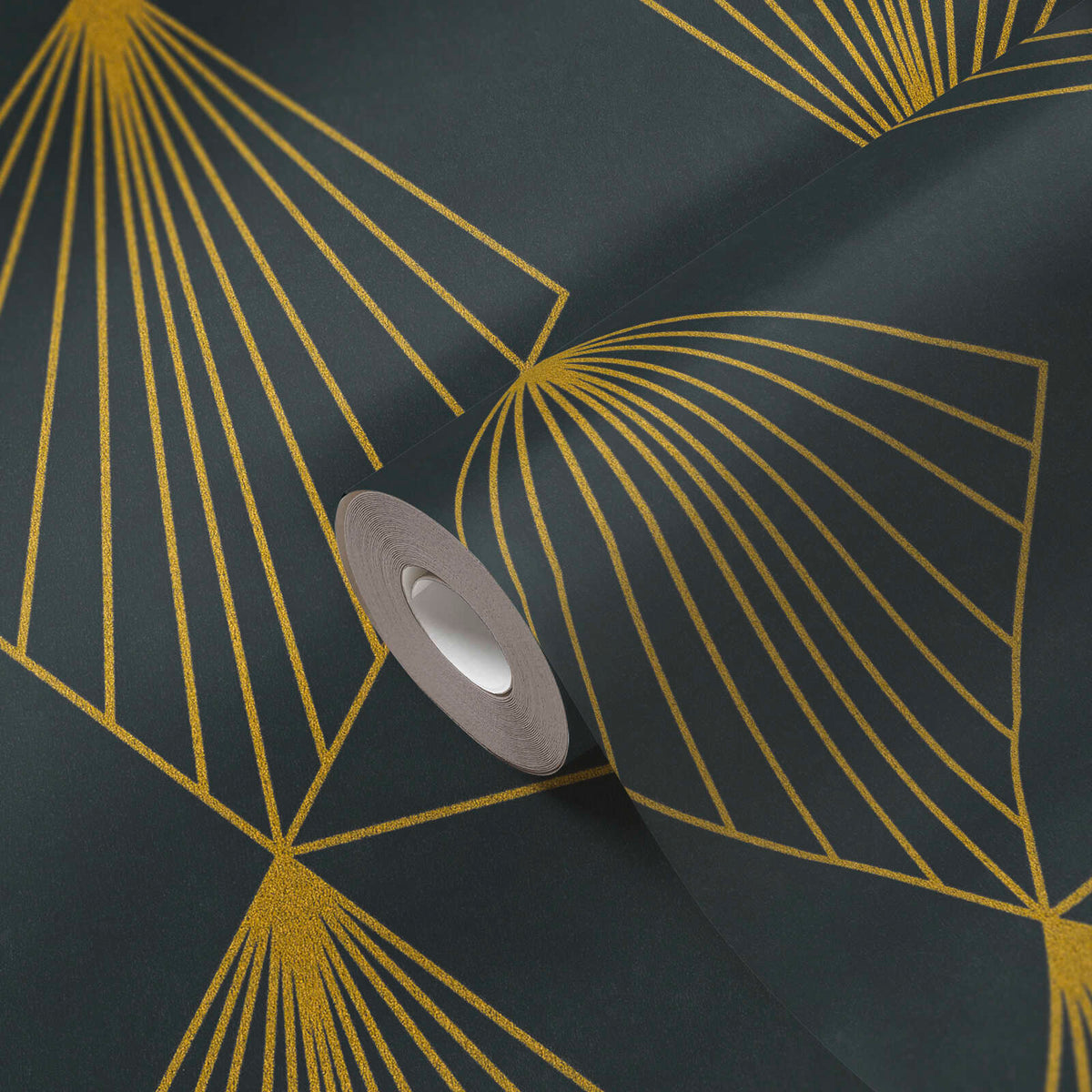 AS Creation French Affair 361562 close up of a wallpaper roll on an unrolled sheet, showing a Black and Metallic geometric fan line pattern.