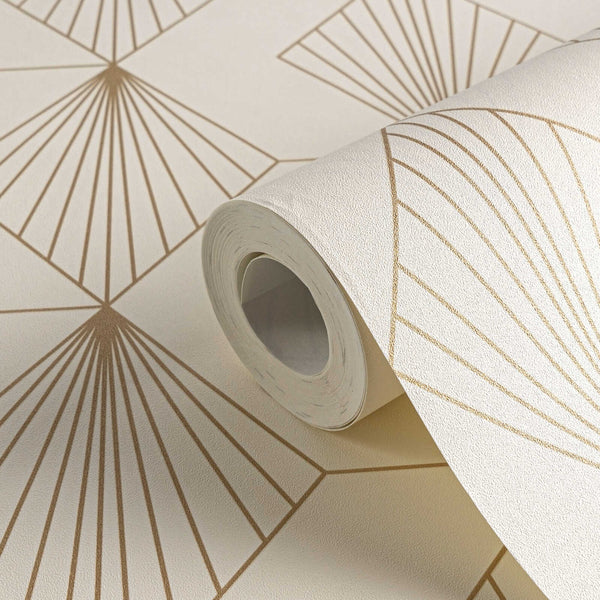 AS Creation French Affair 367101 close up of a wallpaper roll on a matching surface featuring a geometric fan pattern in Cream, Metallic with a subtle textured finish.