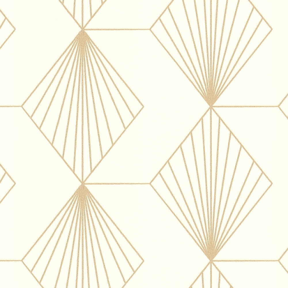 AS Creation French Affair 367101 close up of cream and metallic geometric wallpaper with fan shaped linework.