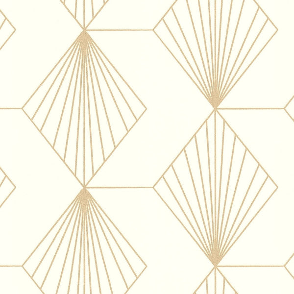 AS Creation French Affair 367101 close up of cream and metallic geometric wallpaper with fan shaped linework.