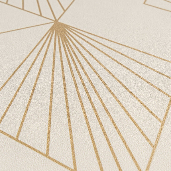 AS Creation French Affair 367101 close up of cream wallpaper with metallic radiating geometric lines and a lightly textured surface.