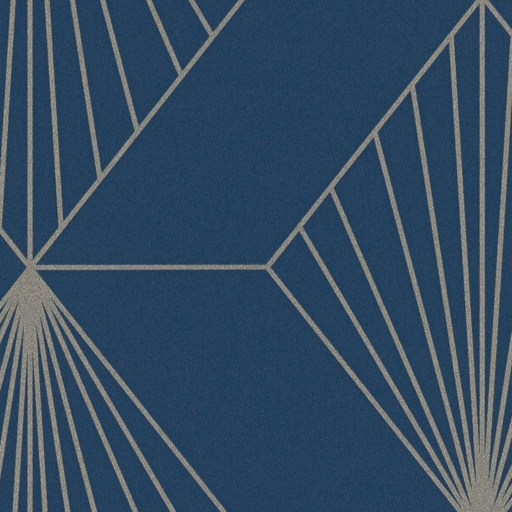AS Creation French Affair 367102 blue wallpaper with a geometric fan pattern formed by thin radiating lines, shown in close up.