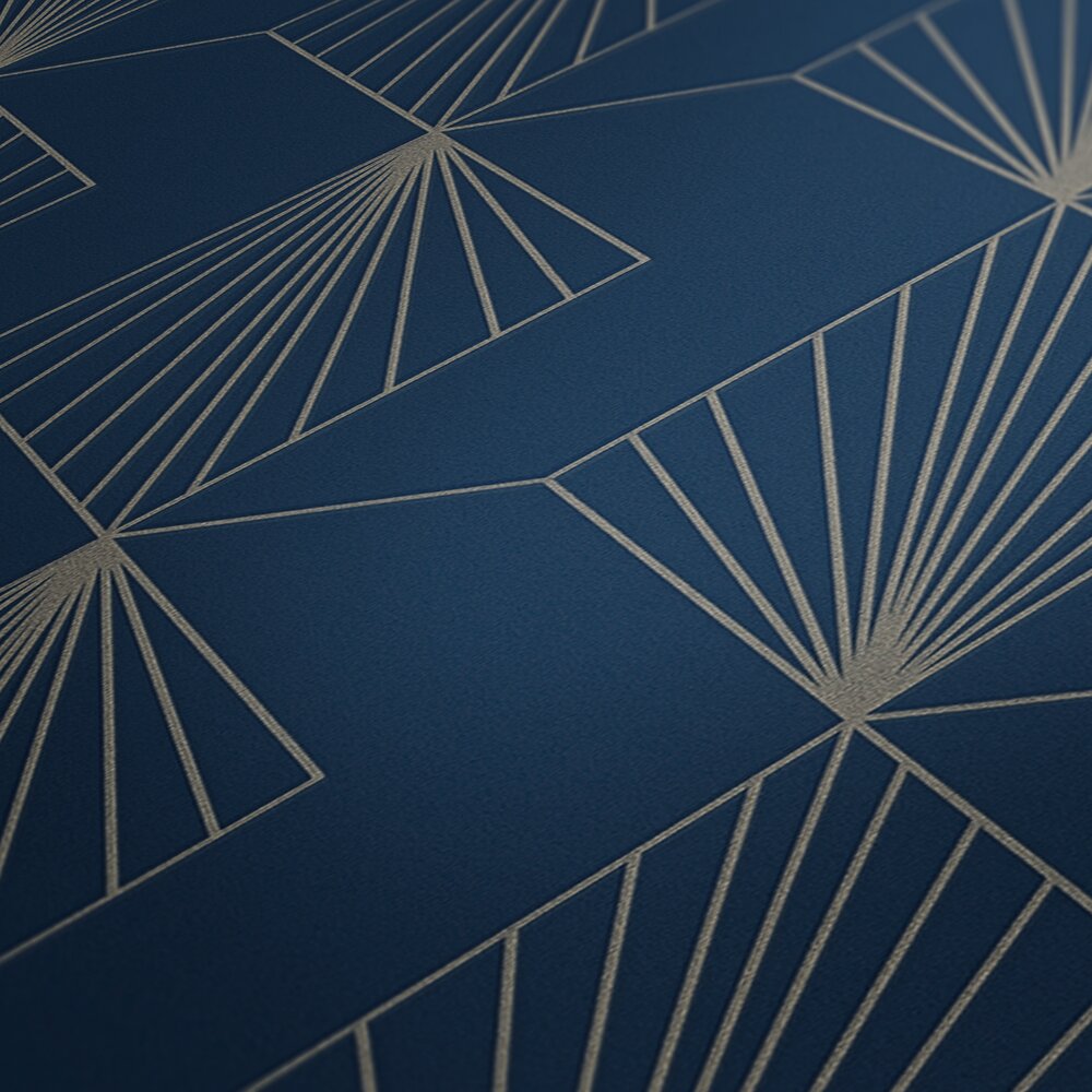 AS Creation French Affair 367102 close up of the blue wallpaper showing a geometric fan motif made of fine intersecting lines.