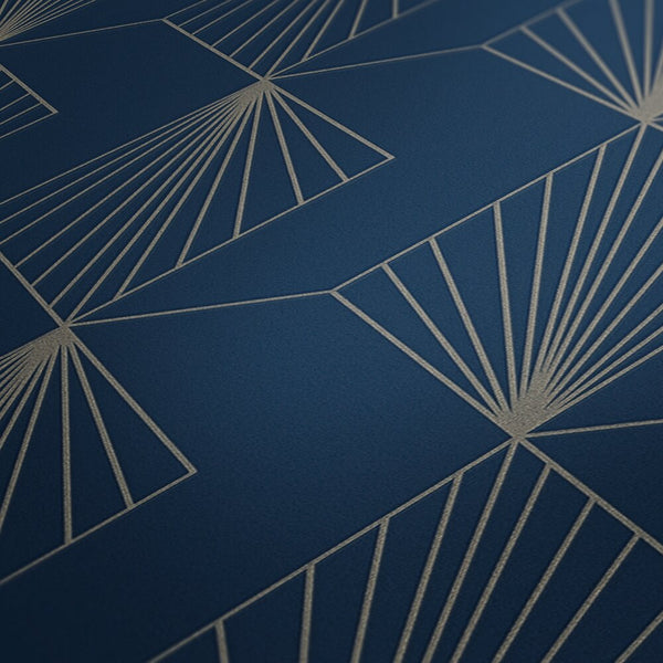 AS Creation French Affair 367102 close up of the blue wallpaper showing a geometric fan motif made of fine intersecting lines.