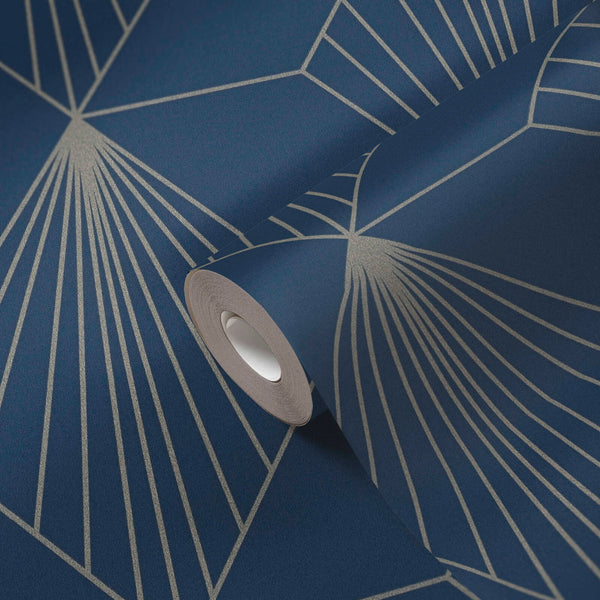 AS Creation French Affair 367102 blue wallpaper roll with a large geometric radiating line pattern on a matching unrolled sheet.