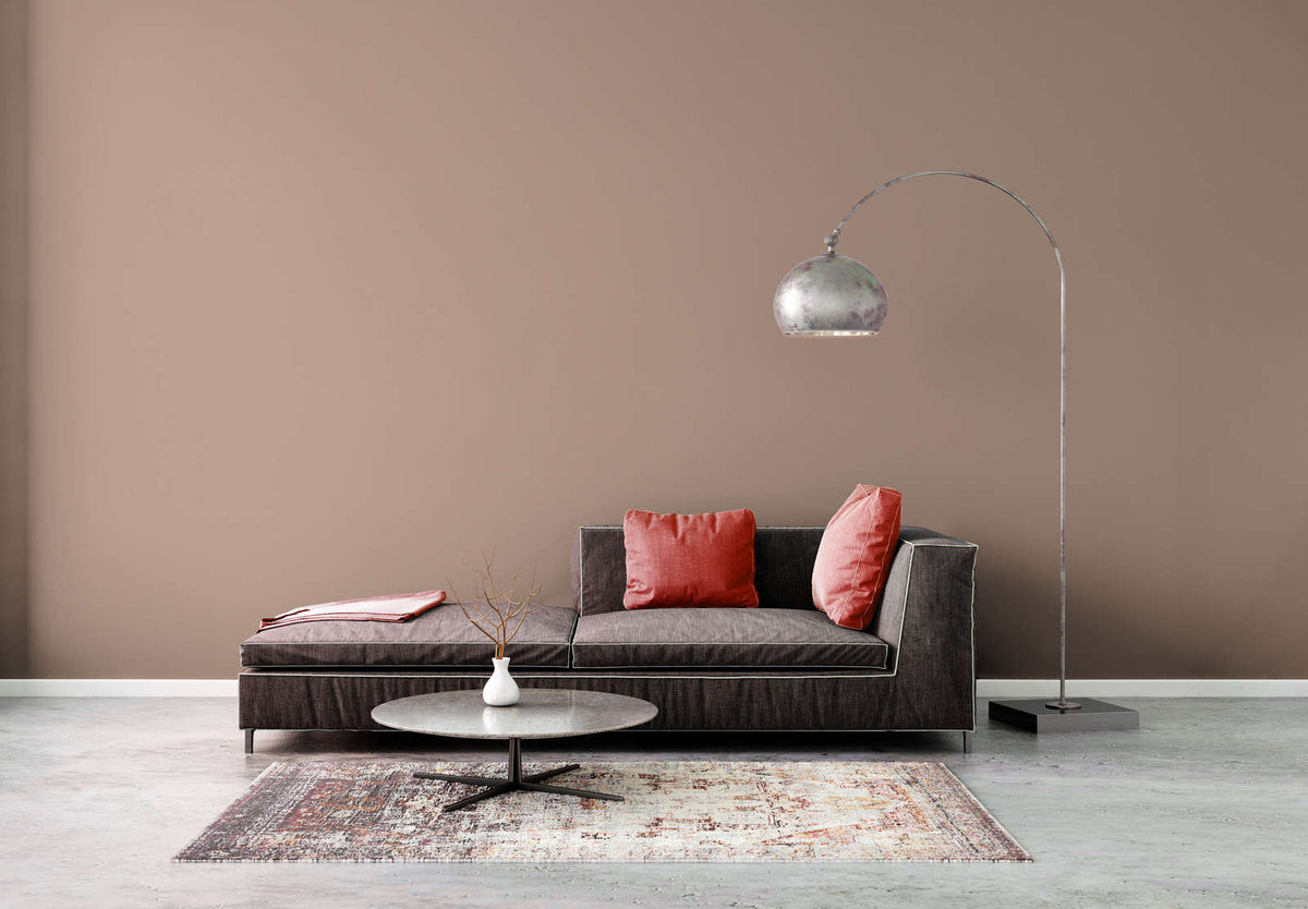 AS Creation French Affair 395757 living room with Beige, Cream wallpaper behind a sofa and a floor lamp.