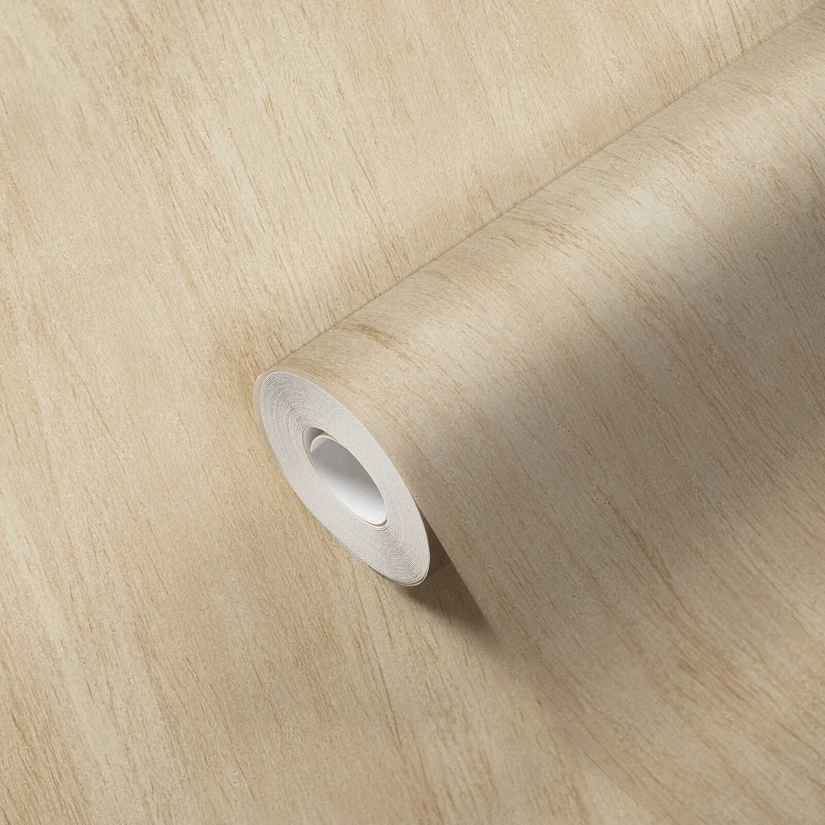 AS Creation French Affair 398011 beige, Cream wallpaper roll displayed on a matching unrolled sheet with subtle vertical striations.