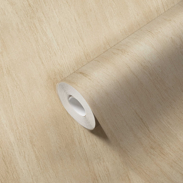 AS Creation French Affair 398011 beige, Cream wallpaper roll displayed on a matching unrolled sheet with subtle vertical striations.