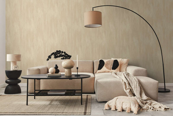 AS Creation French Affair 398011 living room with Beige, Cream wallpaper behind a sectional sofa and an arc floor lamp.