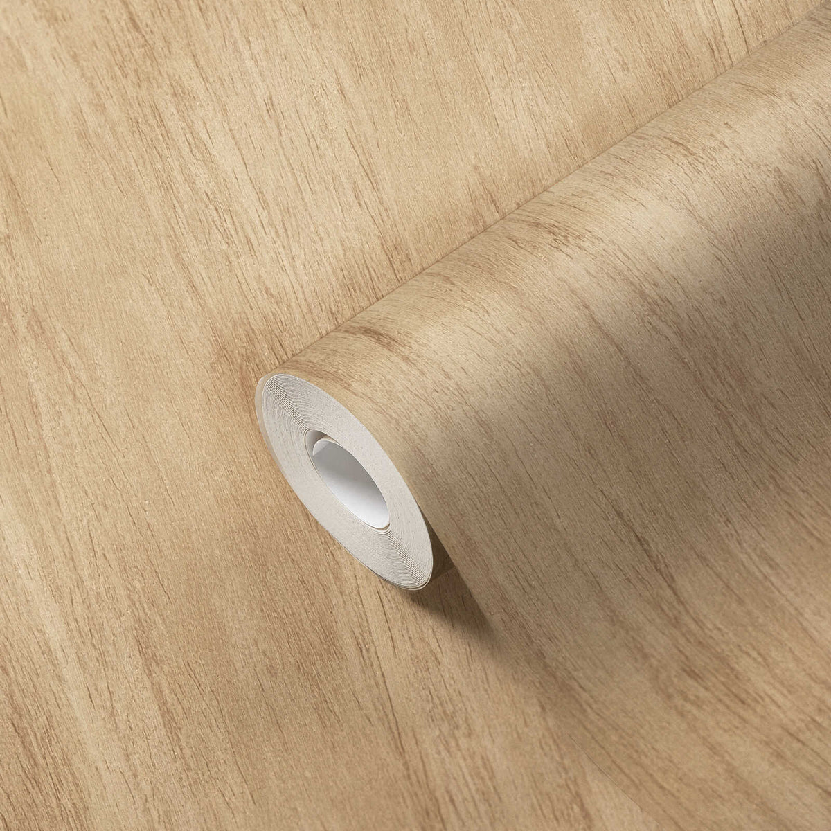 AS Creation French Affair 398012 beige wallpaper roll with a subtle linear grain pattern shown on a matching unrolled sheet.