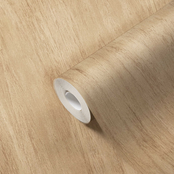 AS Creation French Affair 398012 beige wallpaper roll with a subtle linear grain pattern shown on a matching unrolled sheet.