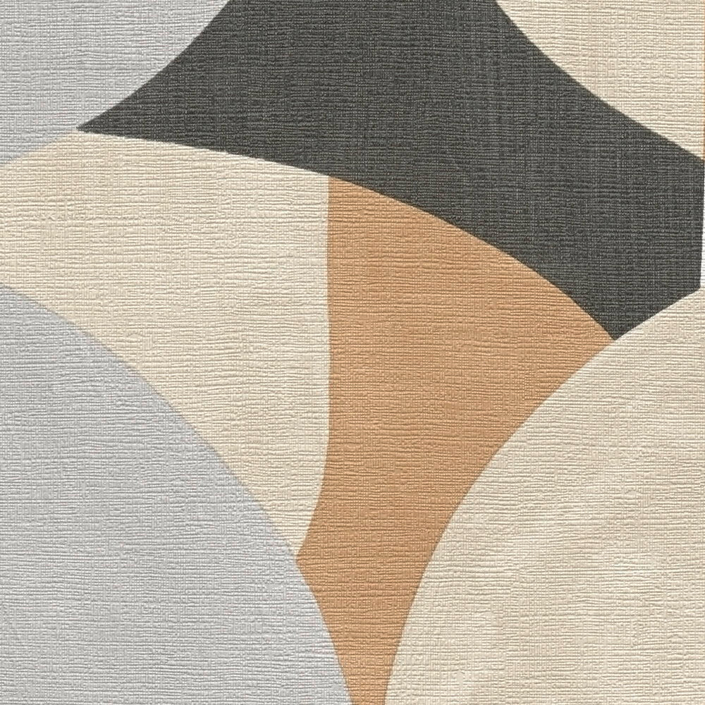 AS Creation French Affair 399321 close up of abstract geometric wallpaper with curved overlapping shapes and a textured surface in Beige, Black, Brown, Cream, and Grey.
