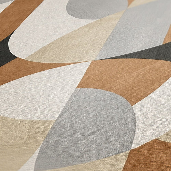 AS Creation French Affair 399321 close up of textured wallpaper with abstract geometric shapes in Beige, Black, Brown, Cream, and Grey.