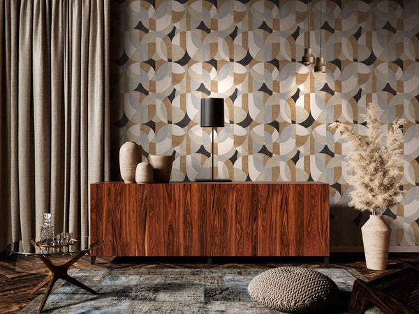 AS Creation French Affair 399321 living room with geometric wallpaper in Beige, Black, Brown, Cream, Grey, shown with a wood sideboard and pendant lights.