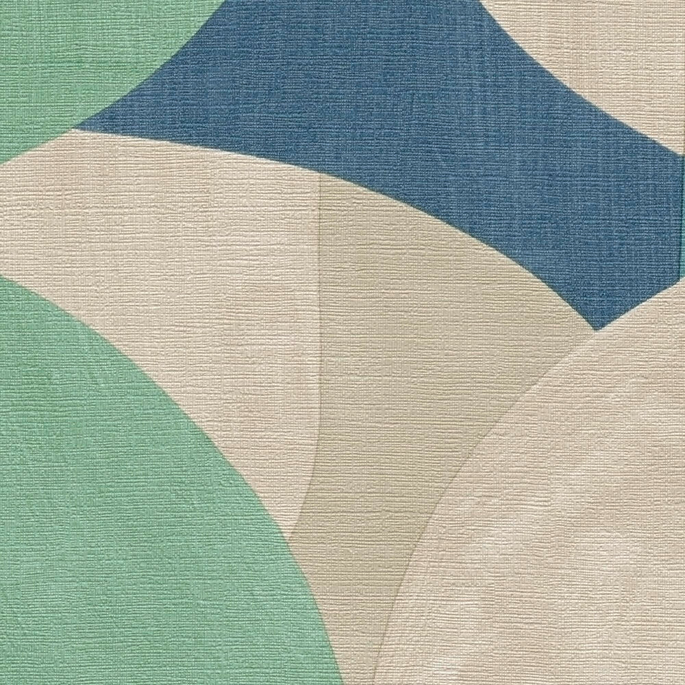 AS Creation French Affair 399322 close up of abstract curved shapes wallpaper in Beige, Blue, Cream, Green, and Turquoise with a subtle woven texture.