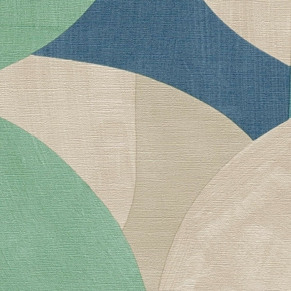 AS Creation French Affair 399322 close up of abstract curved shapes wallpaper in Beige, Blue, Cream, Green, and Turquoise with a subtle woven texture.
