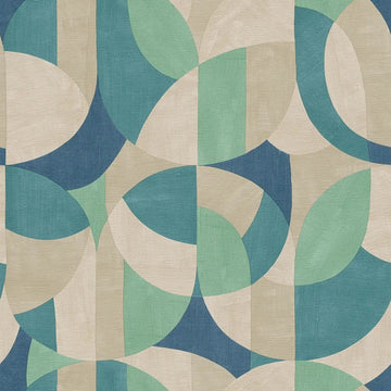 AS Creation French Affair 399322 geometric wallpaper with overlapping arcs in beige, blue, and green on a linen like embossed nonwoven surface