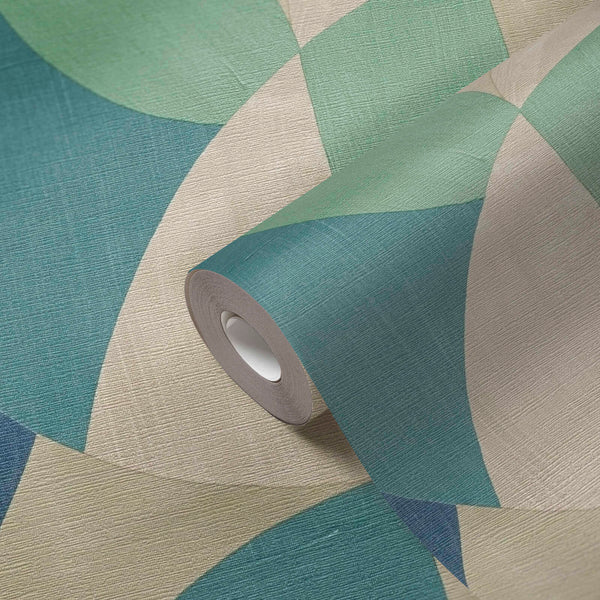 AS Creation French Affair 399322 close up of a wallpaper roll on a matching sheet showing large geometric shapes in Beige, Blue, Cream, Green, and Turquoise.