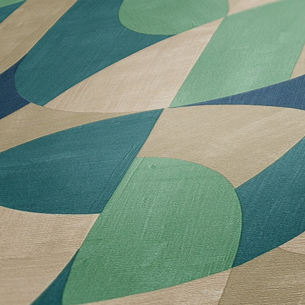 AS Creation French Affair 399322 close up of wallpaper with abstract geometric shapes in Beige, Blue, Cream, Green, and Turquoise, showing visible texture.