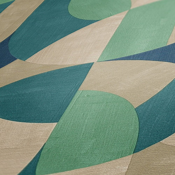 AS Creation French Affair 399322 close up of wallpaper with abstract geometric shapes in Beige, Blue, Cream, Green, and Turquoise, showing visible texture.
